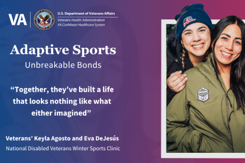 Graphic of two smiling women in green Adaptive Sports uniforms, with VA logo and text.