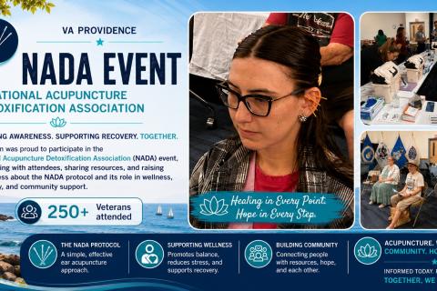 Poster for National Acupuncture Decertification Association event in Providence with photos of attendees.