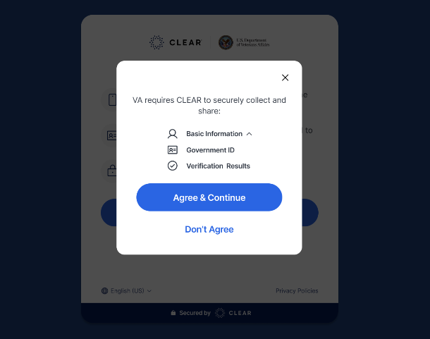 CLEAR pop-up message about security, verification, and agreement.
