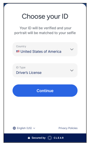 Choose your ID screen with country and type dropdowns, and Continue button.