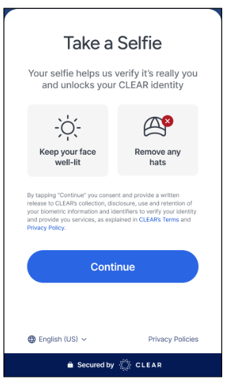 Graphic instructing to take a selfie for verification, keep face well-lit, and remove hats.