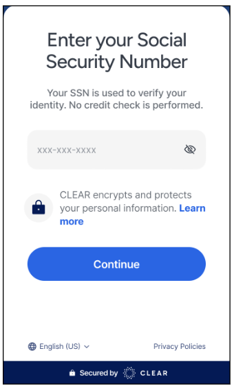 Enter your Social Security Number screen with security info and Continue button.